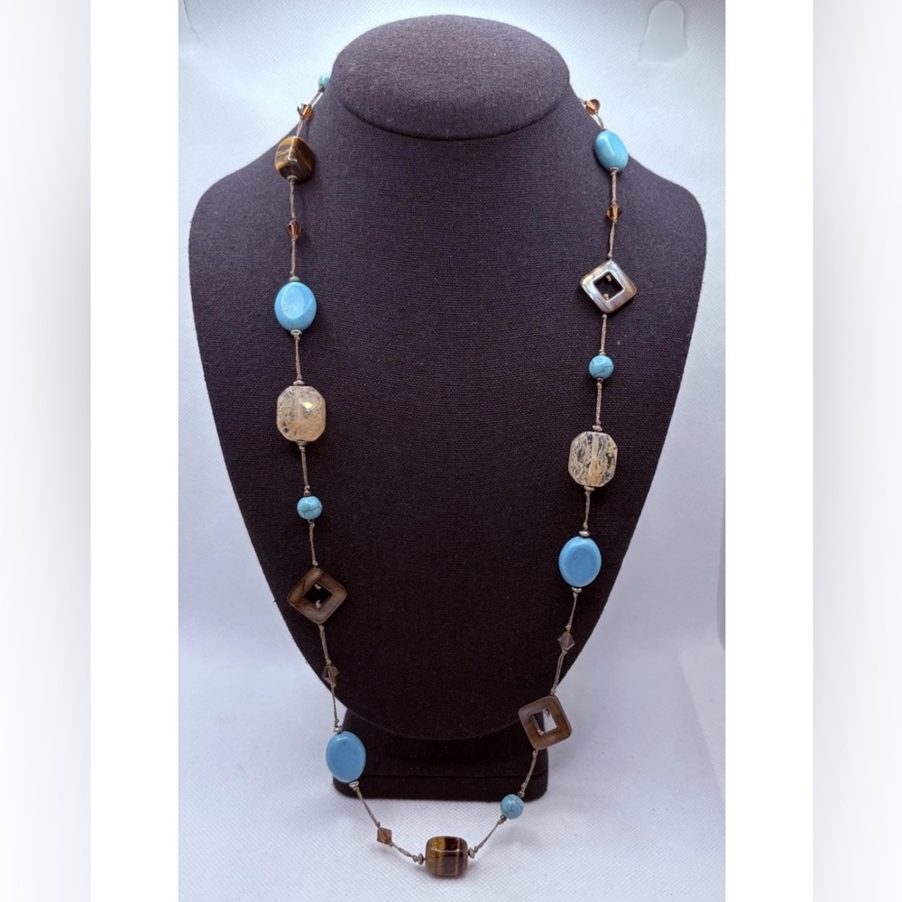 Vintage Tigers Eye Turquoise & Bead Station Necklace Premier Designs 28-31”